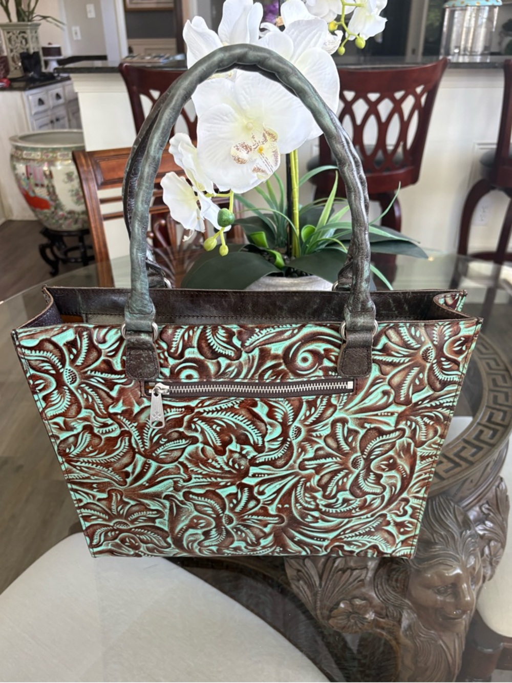 🤎🤎PATRICIA NASH TURQUOISE & BROWN TOOLED LEATHER TOTE BAG!🤎🤎 - Picture 2 of 8